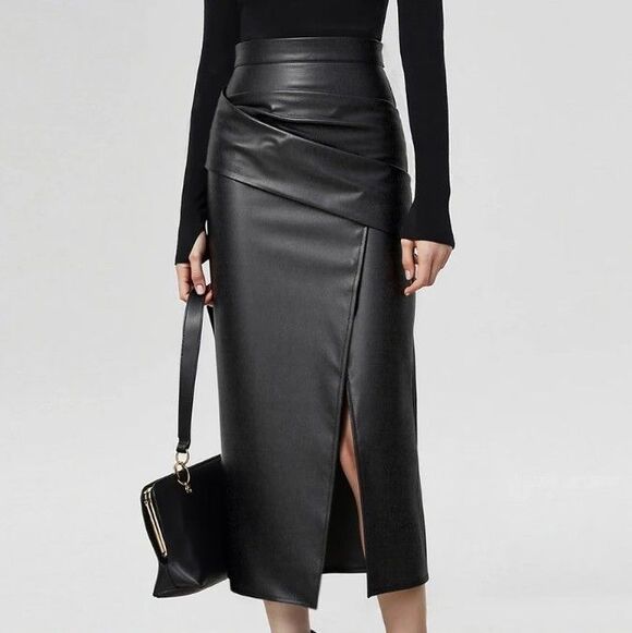 Commense Dresses & Skirts - NWT Commense Faux Leather Ruched Slit Midi Bodycon Pencil Skirt - Black - Size L